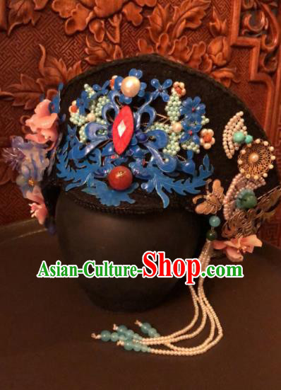 Traditional Chinese Qing Dynasty Palace Lady Cloisonne Phoenix Hat Headwear Ancient Manchu Hair Accessories for Women