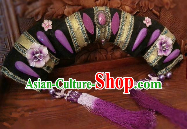 Traditional Chinese Qing Dynasty Palace Lady Purple Tassel Headwear Ancient Manchu Hair Accessories for Women