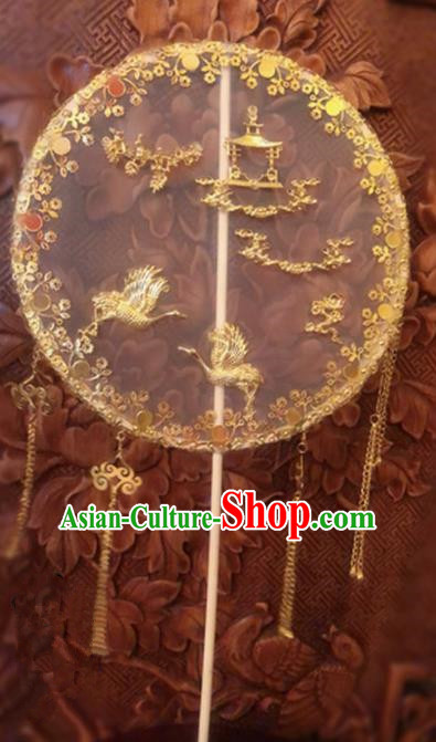 Traditional Chinese Wedding Golden Crane Tassel Palace Fans Ancient Palace Bride Round Fan Accessories for Women