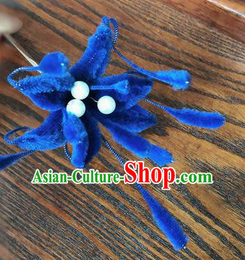 Traditional Chinese Qing Dynasty Royalblue Velvet Flower Hairpins Handmade Ancient Palace Hair Accessories for Women