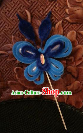 Traditional Chinese Qing Dynasty Royalblue Velvet Butterfly Hairpins Handmade Ancient Palace Hair Accessories for Women