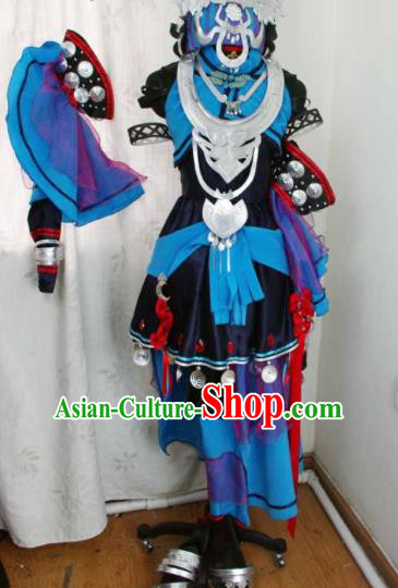 Traditional Chinese Cosplay Swordswoman Blue Hanfu Dress Ancient Taoist Nun Embroidered Costume for Women