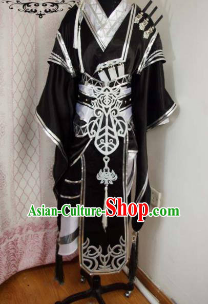 Traditional Chinese Cosplay Knight Prince Black Clothing Ancient Swordsman Embroidered Costume for Men