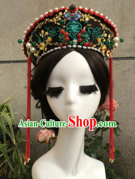 Traditional Chinese Qing Dynasty Palace Queen Blueing Hat Headwear Ancient Manchu Lady Hair Accessories for Women