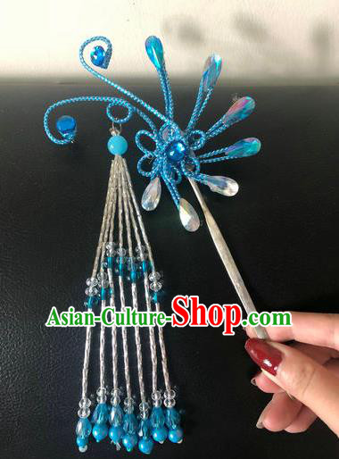 Traditional Chinese Qing Dynasty Blue Hairpins Handmade Ancient Manchu Lady Hair Accessories for Women