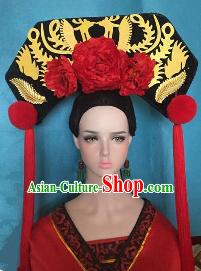Traditional Chinese Qing Dynasty Palace Red Peony Headwear Ancient Manchu Lady Hair Accessories for Women