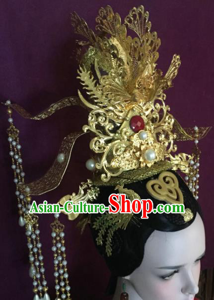 Traditional Chinese Tang Dynasty Queen Golden Phoenix Coronet Hairpins Handmade Ancient Palace Hair Accessories for Women