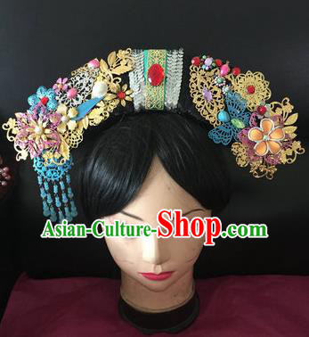 Traditional Chinese Qing Dynasty Princess Blue Tassel Headwear Ancient Manchu Lady Hair Accessories for Women