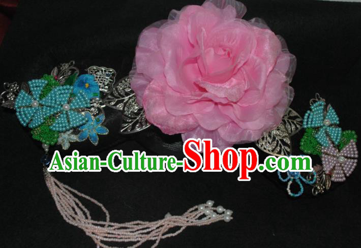 Traditional Chinese Qing Dynasty Princess Pink Peony Tassel Headwear Ancient Manchu Lady Hair Accessories for Women