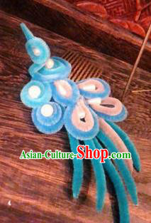 Traditional Chinese Ancient Qing Dynasty Blue Velvet Bird Hair Comb Hairpins Handmade Palace Hair Accessories for Women
