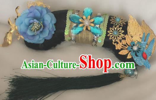 Traditional Chinese Qing Dynasty Imperial Consort Blue Peony Tassel Headwear Ancient Palace Manchu Hair Accessories for Women