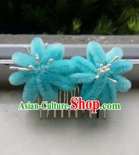 Traditional Chinese Qing Dynasty Blue Velvet Flowers Hair Comb Hairpins Handmade Ancient Palace Hair Accessories for Women