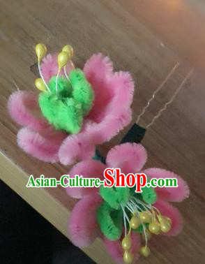 Traditional Chinese Qing Dynasty Pink Velvet Flowers Hairpins Handmade Ancient Palace Hair Accessories for Women