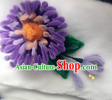 Traditional Chinese Ancient Qing Dynasty Purple Velvet Chrysanthemum Hairpins Handmade Palace Hair Accessories for Women