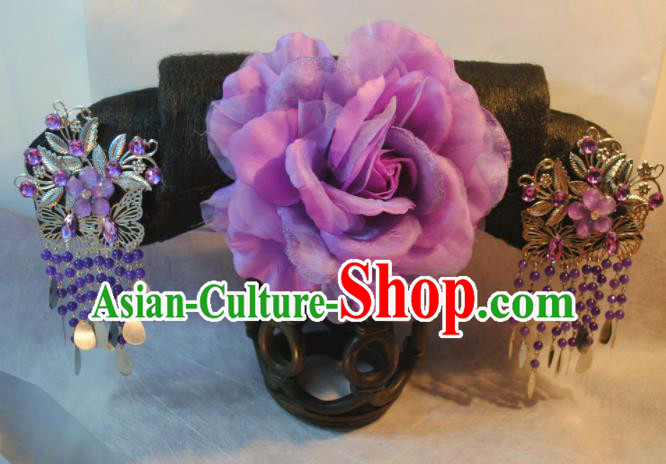 Traditional Chinese Qing Dynasty Manchu Princess Purple Peony Headwear Ancient Palace Lady Hair Accessories for Women