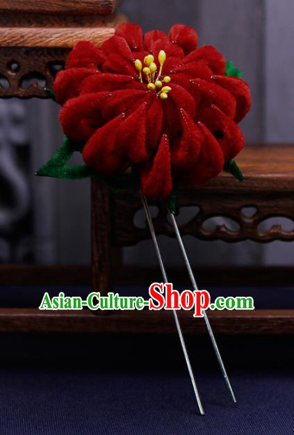 Traditional Chinese Handmade Qing Dynasty Red Velvet Chrysanthemum Hairpins Ancient Imperial Consort Hair Accessories for Women