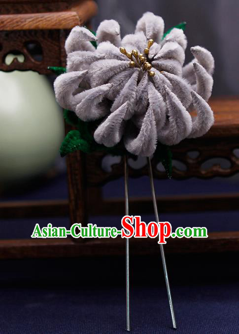 Traditional Chinese Handmade Qing Dynasty Grey Velvet Chrysanthemum Hairpins Ancient Imperial Consort Hair Accessories for Women