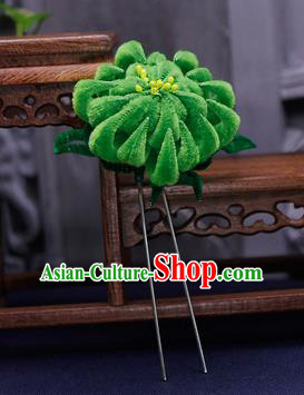 Traditional Chinese Handmade Qing Dynasty Green Velvet Chrysanthemum Hairpins Ancient Imperial Consort Hair Accessories for Women