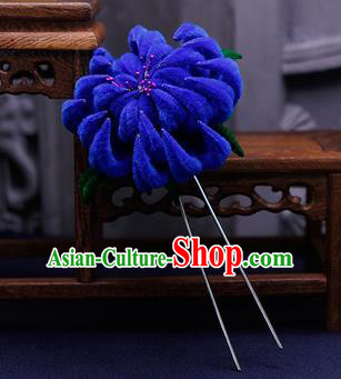 Traditional Chinese Handmade Qing Dynasty Royalblue Velvet Chrysanthemum Hairpins Ancient Imperial Consort Hair Accessories for Women