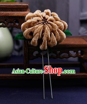 Traditional Chinese Handmade Qing Dynasty Brown Velvet Chrysanthemum Hairpins Ancient Imperial Consort Hair Accessories for Women