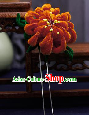 Traditional Chinese Handmade Qing Dynasty Orange Velvet Chrysanthemum Hairpins Ancient Imperial Consort Hair Accessories for Women