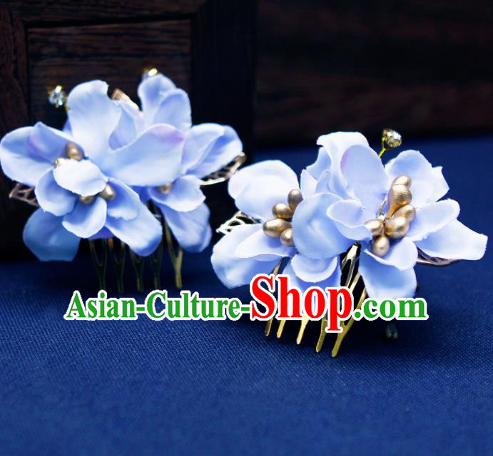 Traditional Chinese Handmade Blue Flowers Hair Combs Hairpins Ancient Princess Hair Accessories for Women