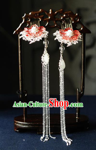 Traditional Chinese Wedding Red Flower Tassel Hair Combs Hairpins Handmade Ancient Bride Hair Accessories for Women