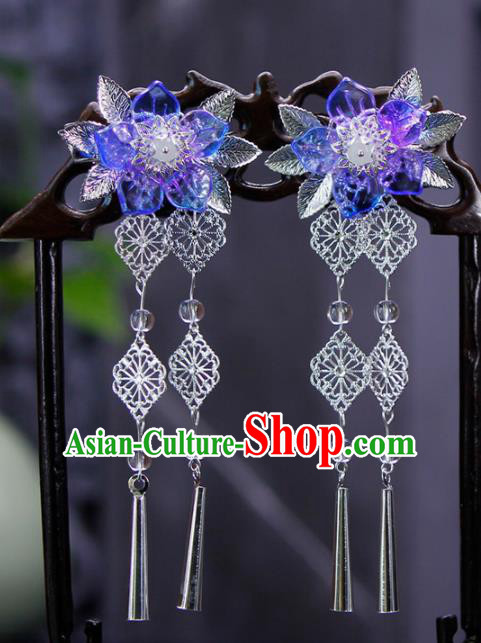 Traditional Chinese Wedding Tassel Blue Flower Hair Claws Hairpins Handmade Ancient Bride Hair Accessories for Women