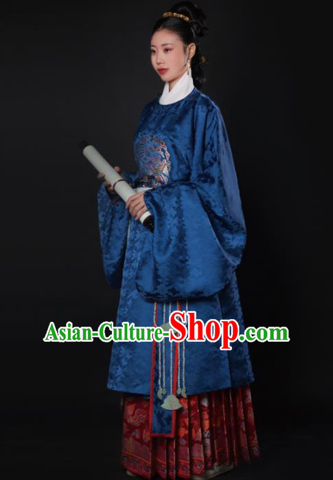 Chinese Ancient Ming Dynasty Court Dowager Navy Hanfu Dress Traditional Imperial Consort Embroidered Historical Costume for Women