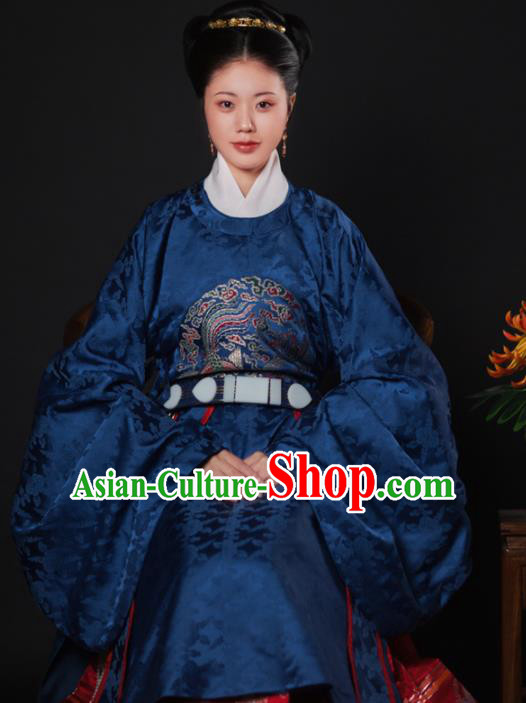 Chinese Ancient Ming Dynasty Court Dowager Navy Hanfu Dress Traditional Imperial Consort Embroidered Historical Costume for Women