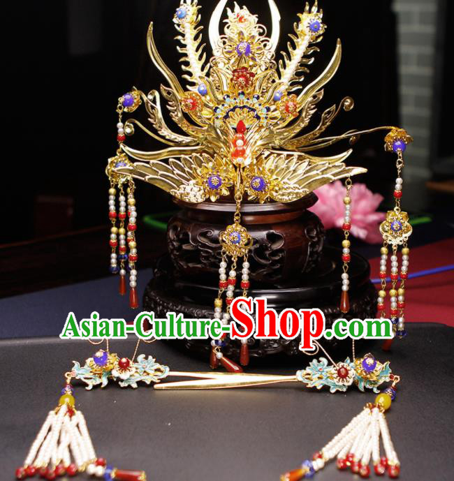 Traditional Chinese Handmade Tassel Phoenix Coronet Hairpins Ancient Queen Hair Accessories for Women