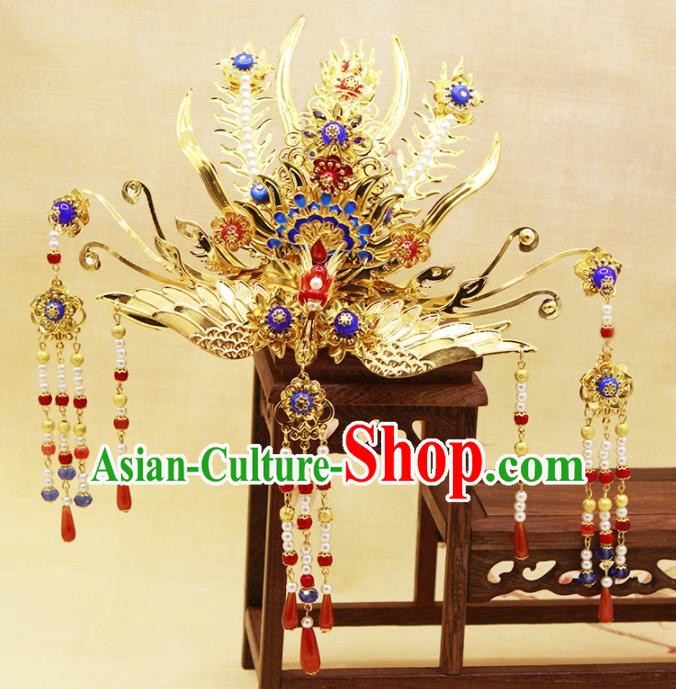 Traditional Chinese Handmade Agate Tassel Phoenix Coronet Hairpins Ancient Queen Hair Accessories for Women