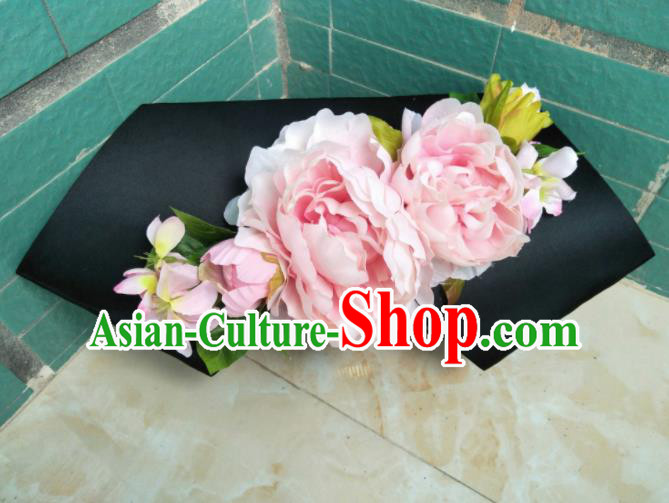 Traditional Chinese Handmade Qing Dynasty Manchu Imperial Consort Pink Peony Headwear Hairpins Ancient Hair Accessories for Women