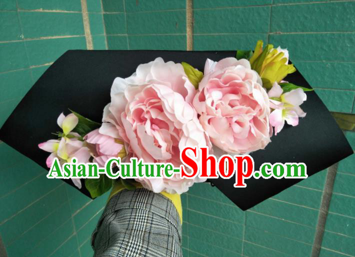 Traditional Chinese Handmade Qing Dynasty Manchu Imperial Consort Pink Peony Headwear Hairpins Ancient Hair Accessories for Women