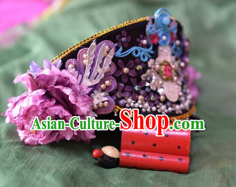 Chinese Qing Dynasty Manchu Imperial Consort Purple Peony Hat Headwear Hairpins Ancient Handmade Queen Hair Accessories for Women