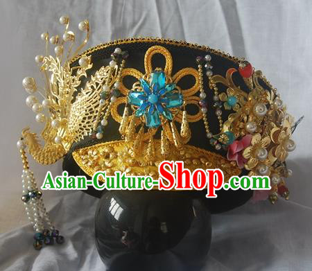 Chinese Qing Dynasty Manchu Imperial Consort Royal Golden Phoenix Hat Headwear Hairpins Ancient Handmade Queen Hair Accessories for Women