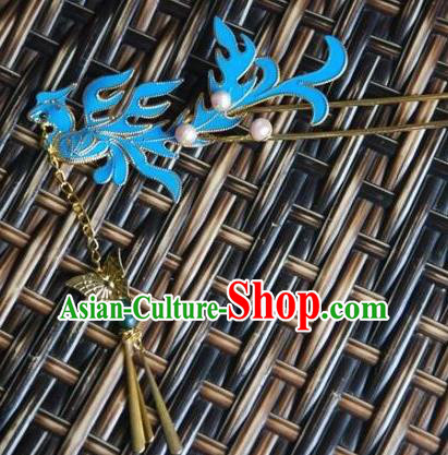 Handmade Chinese Ancient Princess Tassel Hairpins Blue Phoenix Hair Clip Headwear Hair Accessories for Women