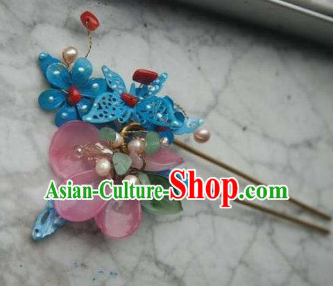 Handmade Chinese Ancient Princess Tassel Hairpins Blue Butterfly Lotus Hair Clip Headwear Hair Accessories for Women