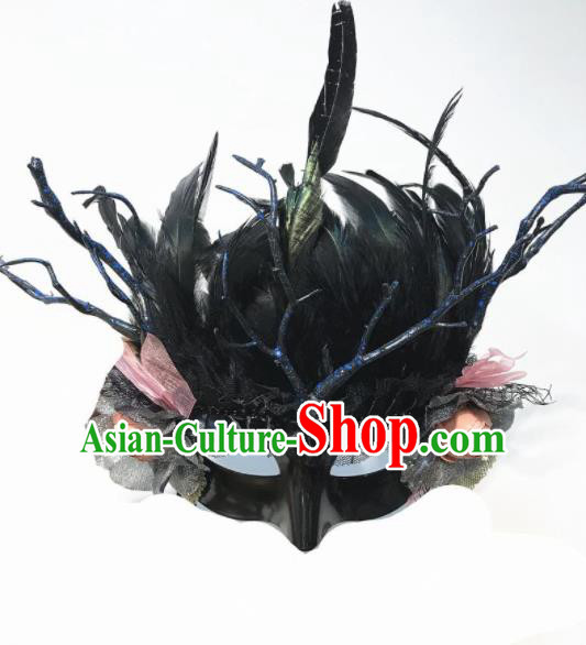Top Halloween Stage Show Face Accessories Brazilian Carnival Catwalks Black Feather Mask for Women