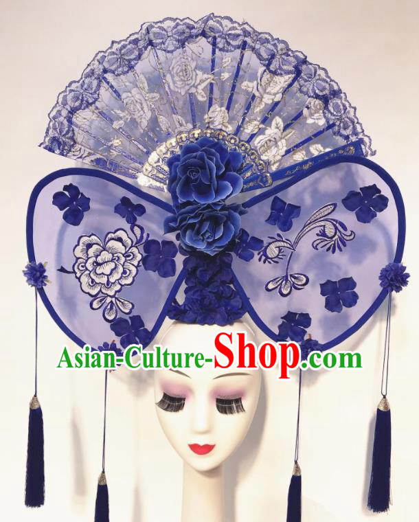 Handmade Chinese Stage Show Blue Lace Hair Clasp Hair Accessories Brazilian Carnival Catwalks Headdress for Women