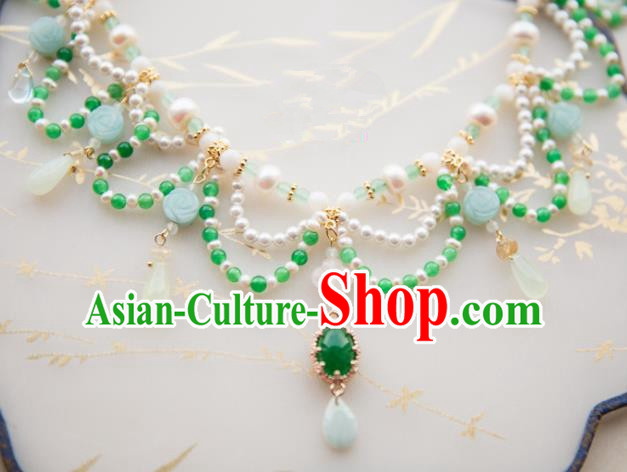 Chinese Handmade Hanfu Jade Necklace Traditional Ancient Princess Pearls Necklet Jewelry Accessories for Women