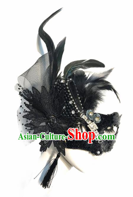 Top Halloween Stage Show Accessories Brazilian Carnival Catwalks Black Feather Veil Face Mask for Women