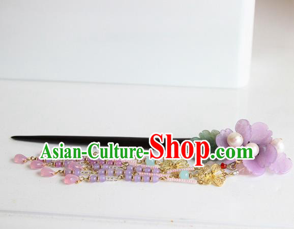 Chinese Handmade Hanfu Purple Flowers Tassel Hairpins Traditional Ancient Princess Hair Accessories for Women
