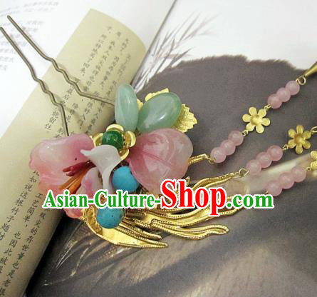 Chinese Handmade Hanfu Pink Flower Jade Hair Clip Hairpins Traditional Ancient Princess Hair Accessories for Women