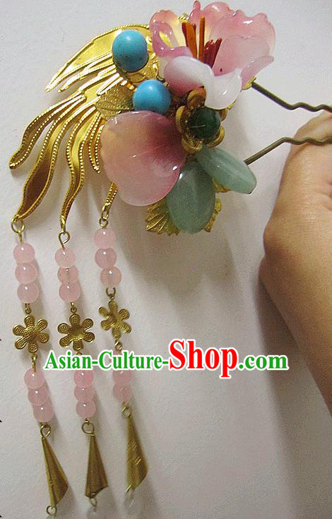 Chinese Handmade Hanfu Pink Flower Jade Hair Clip Hairpins Traditional Ancient Princess Hair Accessories for Women