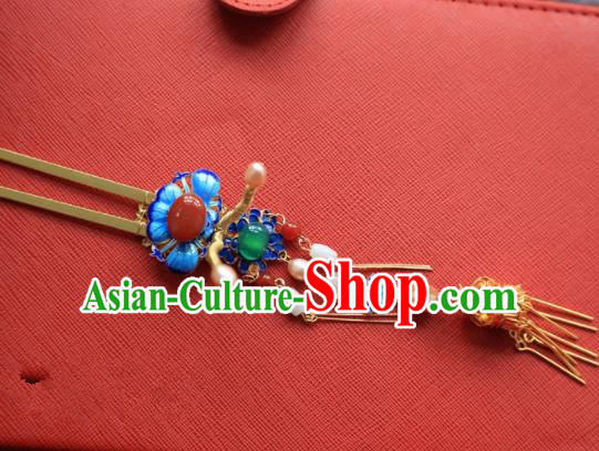 Chinese Handmade Hanfu Golden Tassel Blueing Hairpins Traditional Ancient Princess Hair Accessories for Women