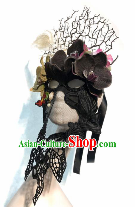 Top Halloween Stage Show Black Flowers Face Mask Brazilian Carnival Catwalks Accessories for Women