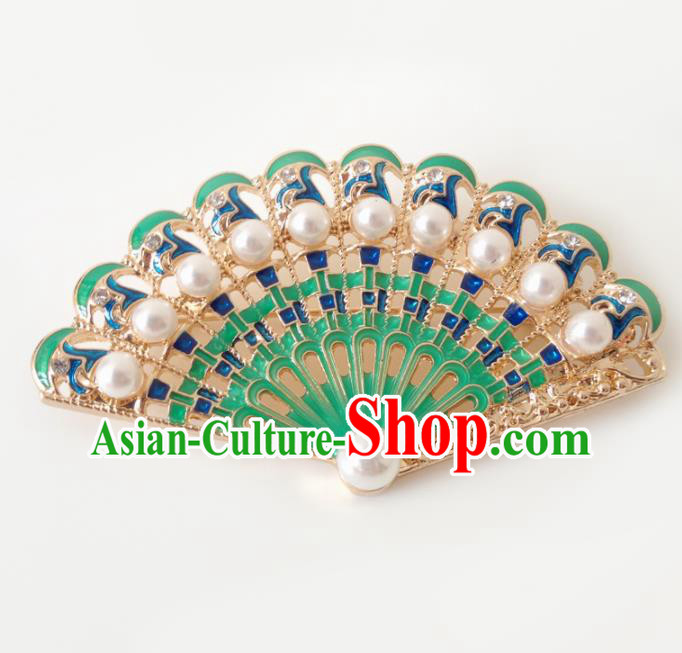 Chinese Handmade Stage Show Brooch Accessories Catwalks Green Fan Breastpin for Women