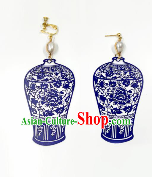 Top Grade Stage Show Blue Vase Earrings Brazilian Carnival Catwalks Ear Accessories for Women