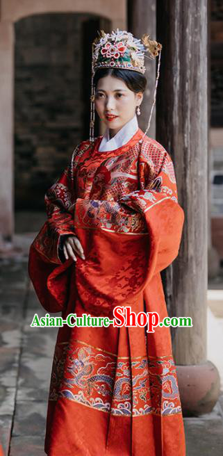Chinese Ancient Ming Dynasty Royal Queen Wedding Hanfu Dress Traditional Imperial Empress Embroidered Red Historical Costume for Women